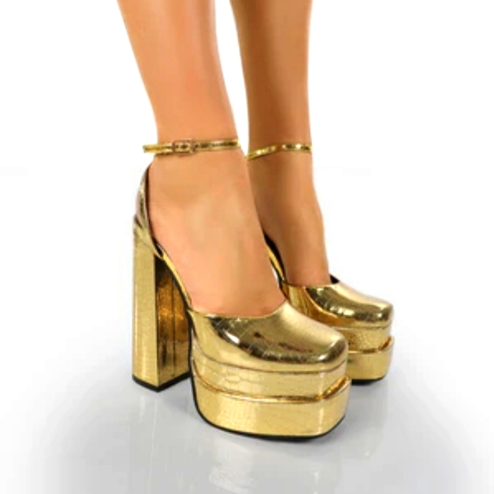 MOONCHILD GOLD CROC CLOSED TOE STATEMENT PLATFORM BLOCK HEELS